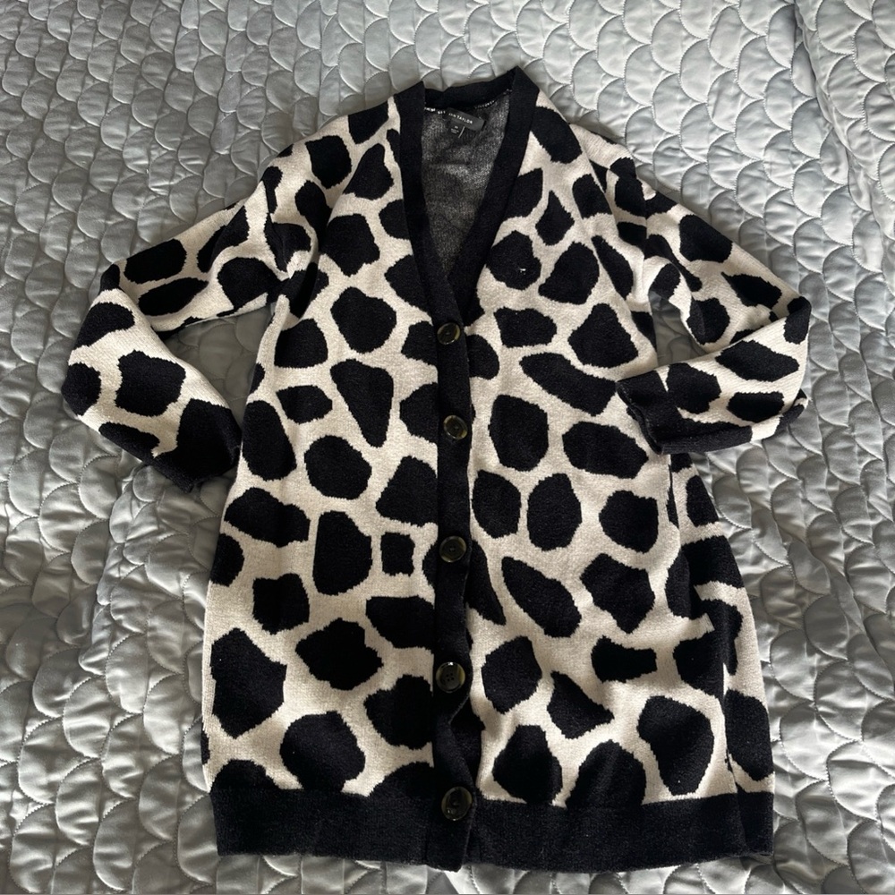 LOFT Cardigan Sweater Cow Print Black White Womens Size XS Oversized